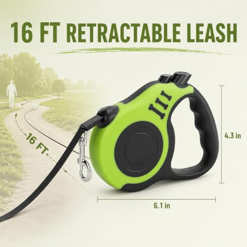 Image of Retractable Dog Leash 16 FT with Lock for Small & Medium Dogs | 16 FT retractable leash with one-touch lock, anti-slip grip, tangle-free tape & 360 hook for daily walks.