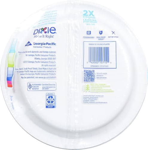 Image of Dixie Large Paper Plates,10 Inch,2X Stronger*,Microwave-Safe,Soak-Proof,Cut Resistant,Disposable Plates for Everyday Breakfast,Lunch,& Dinner Meals,54 Count (Pack of 5)