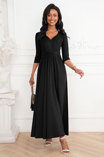 FANDEE Casual Maxi Dress for Women Summer Wtih Pockets 3/4 Sleeve V Neck Elastic High Waist Elegant Pleated A-Line Dresses3