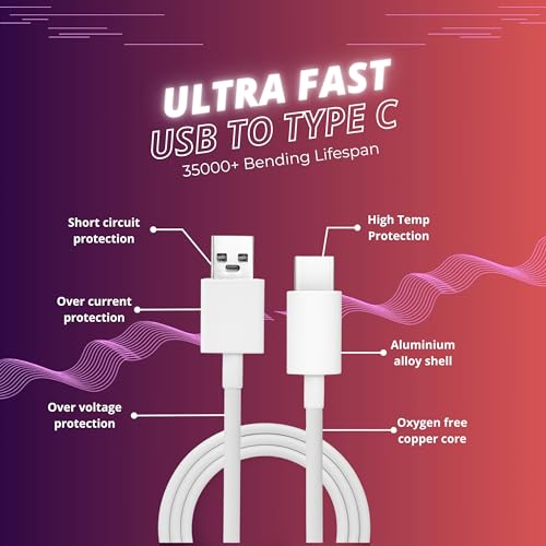 Image of AINE 80W USB-C Flash Charge Data Sync Cable For Vivo V30 /V29 /V28 /V27 /V25 /V23E /V23 Pro /V21 5G / iQOO Neo 9 Pro /12 5G /Neo 7 Pro /Z7 /Z7S /Z6 Lite|120W Supported | Original Flash Charging Speed,1M