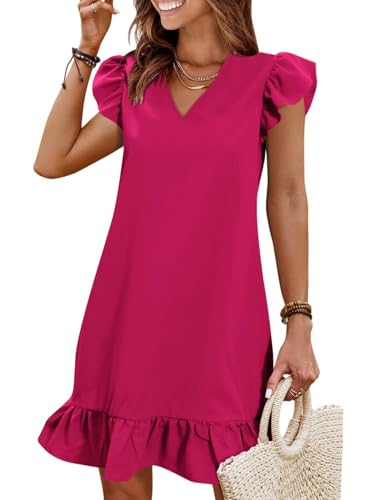 QACOHU Summer Dresses for Women 2026 V Neck Cap Sleeve Ruffle Sexy Sundress A-Line Midi Dress Hotpink XL