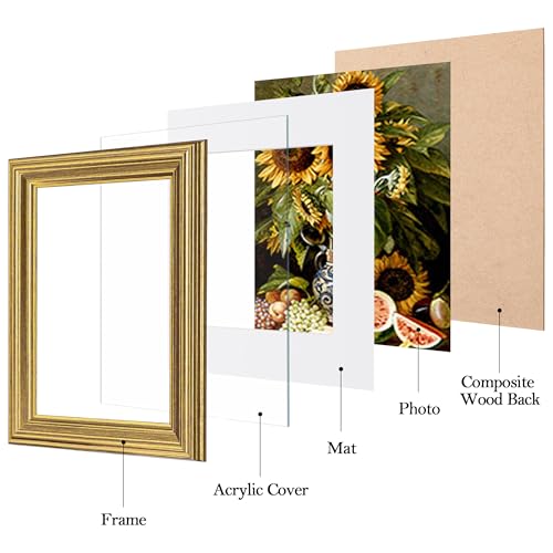 Image of eletecpro 8x10 Gold Picture Frames Set of 4, Vintage Photo Frames with Clear Acrylic Cover, Gallery Wall Art Display 5x7 Photo with Mat or 8x10 without Mat for Tabletop and Wall Mount, Home Decor