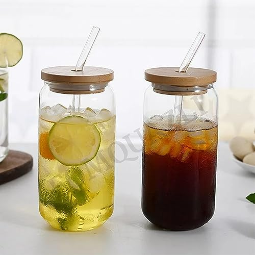 Image of 500ML Glass Cups with Bamboo Lids and Glass Straws Drinking Tumbler Iced Coffee Cup Smoothie Cups for Bubble Tea Whiskey Water Gift