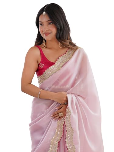 Image of AKHILAM Women's Shimmer Satin Sequence Embroidery Work Border Saree With Unstitched Blouse Piece