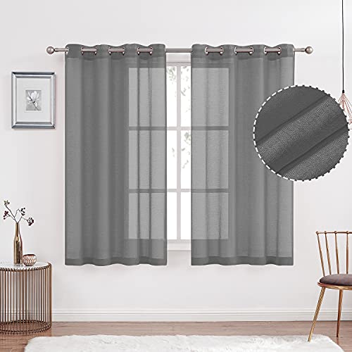 July Joy Semi Linen Look Sheer Curtains for Bedroom, Living Room Grommet Light Filtering Solid Voile Window Curtains, Set of 2 Panels (52 x 63 inch, Grey)