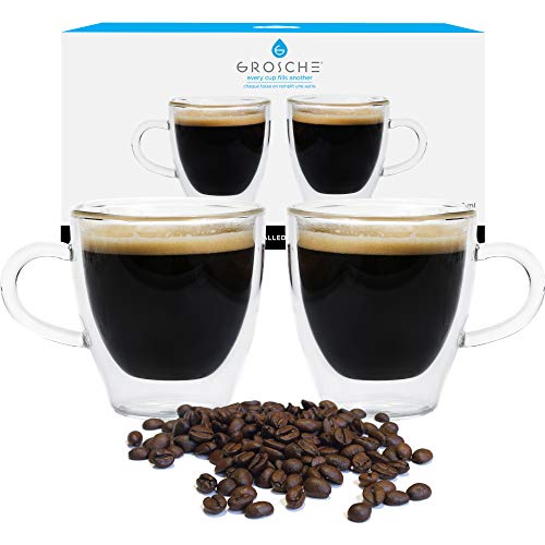GROSCHE Turin Double Wall Glass Espresso Cups with Ergonomic Handles - Insulated Glass Cappucino Mugs - Clear Mug - Double Walled Latte Cup - Espresso Mugs (4.75 fl oz - Set of 2)