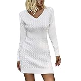 HPJKLYTR Christmas Sweater Dress,Party Dresses for Women 2023 Club Dresses Dresses Wedding Guest Women's Fashionable Casual V-Neck Solid Color Sweater Dress Loose Knitted Long-Sleeved(I-White,S)