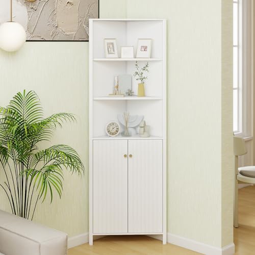 COSTWAY Küchenschrank schmal, Eckschrank mit 2 Türen und 5 Ablagen, 172,5 cm hoch, dreieckiger Buffetschrank, Mehrzweckschrank Hochschrank, modern, für Küche Esszimmer Wohnzimmer (Weiß)