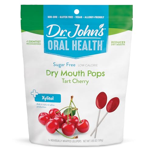 Dr. John's Healthy Sweets Tart Cherry Dry Mouth Pops with Zero Sugar, Dye Free, Plant Based, Keto Friendly, 14 Count, 3.85oz Bag