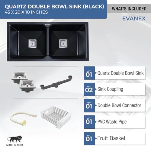 Image of EVANEX Quartz Kitchen Sink|Double Bowl Sink for Kitchen|Topmount /Undermount Kitchen Sinks|Black Double Sink with Connector, Waste Pipe, Coupling and Drain Basket|45x20x9 Granite Kitchen Sinks
