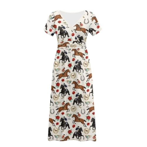 Image of Women's Fall Summer Short Sleeve Ankle Length V-Neck Party Dress with Pockets Size S-3XL