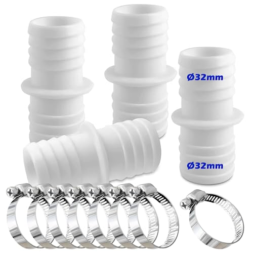 Rhsemi Juego de 4 conectores de manguera de 32 mm con 8 abrazaderas de manguera para piscina, adaptador de manguera, boquilla doble (blanco)