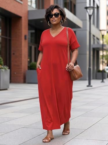 Image of SUZONANA Women Casual T-Shirt Dress V Neck Short Sleeve Solid Color Oversize Dress with Front Two Pockets