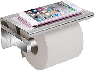 Toilet Roll Holder Wall Mounted -304 Stainless Steel Toilet Paper Holder Self Adhesive, Bathroom Chrome Toilet Roll Holder No Drilling with Phone Storage Shelf Stand(Sliver)