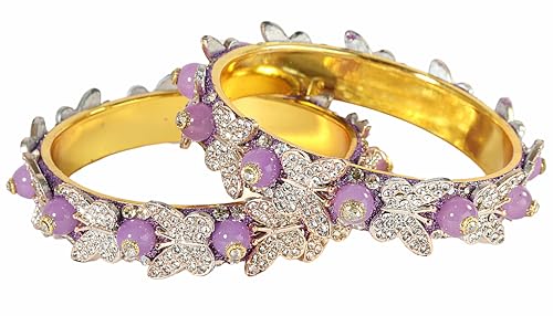 Image of LAVAZZA Stylish Butterfly Design Golden Metal with Zircon Diamond & Pearls Moti Bangles Kada For Women & Girls | Traditional Girl's Bangles Bracelet | Women's Kangan Wedding, Party-Set of 2