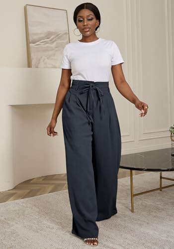 Famnbro Womens Wide Leg Work Pants High Waist Tie Belt Loose Fit Slacks Business Casual Dressy Trousers Pants3