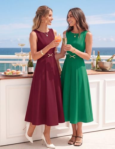 Image of ZESICA Women Summer Sleeveless Midi Dresses 2026 Elegant Boat Neck A Line Tie Waist Spring Cocktail Party Dress