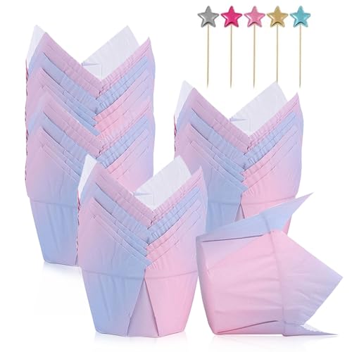 Cupcake Backbecher, 100 Stück Muffinförmchen Papier mit 50 Stück Pentagramm Cupcake Toppers, Tulpen Muffinförmchen Papier für Backen Cupcakes Muffins Geburtstag Hochzeit Party(Rosa-Blau)