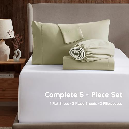 Image of Nestl Split King Bed Sheet Set - Light Green - 5-Piece Deep Pocket | Instantly Soft, Night-One Ready (No Wash Required). Fits 16-Inch Deep Pockets, 360-Degree Elastic Grip