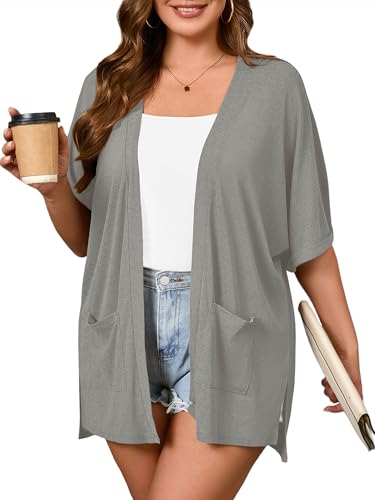 Image of AusLook Plus Size Cardigan for Women Short Sleeve Lightweight Open Front Shrug with Pockets for Dresses and Layering 1X-5X