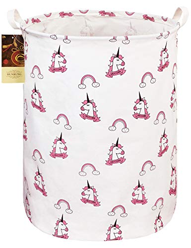 HUNRUNG Laundry Hamper,Large Canvas Fabric Lightweight Storage Basket Toy Organizer Dirty Clothes Collapsible Waterproof for College Dorms, Children Bedroom,Bathroom (Round-Pink-Unicorn)