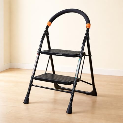 Image of FLIPZON Premium Alloy Steel Cameo Ladder, Foldable with Wide Anti-Slip Steps Durable, Heavy Duty | Guard Rail for Safety | with Anti-Slip and Advanced Locking System, 2 Steps (Black & Orange)