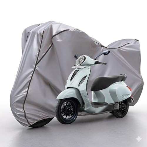 Image of Waterproof Bike Body Cover Compatible with Bajaj Chatak Dustproof Scratchproof - Motorcycle Cover for Two Wheeler, Outdoor Full Cover with UV, Duty, Rain Protection (Silver & Black) R1