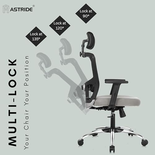Image of ASTRIDE Aevin Pro Ergonomic Office Chair for Work || 7 Years Warranty || Multi Lock Synchro Mechanism || 2D Soft Arms || 3D Headrest || [Heavy Duty Metal Base, Grey]