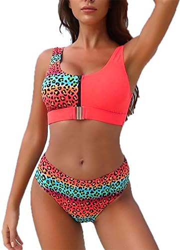 Mingnos Women's Metal Buckle Contrast Printing Sporty Two Pieces Bikini Swimsuit (Orange+Leopard Print+Zipper, L)