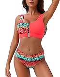 Mingnos Women's Metal Buckle Contrast Printing Sporty Two Pieces Bikini Swimsuit (Orange+Leopard Pri
