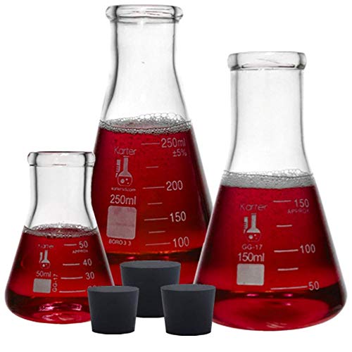 Glass Erlenmeyer Flask Set with Rubber Stoppers - 3 Sizes - 50, 150