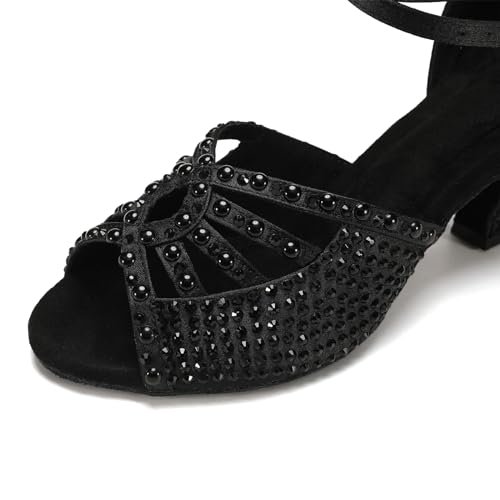 Image of JUODVMP Women's Latin Dance Shoes Rhinestones Satin Ballroom Dancing Shoes Salsa Professional Dance Shoes