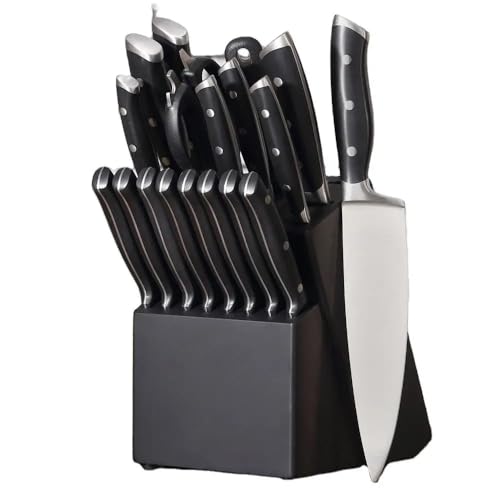 19-Piece Japanese Chef Knife Set – Forged Stainless Steel Kitchen Knives with Wooden Block – Professional Cutlery Set for Chopping & Slicing (Black)