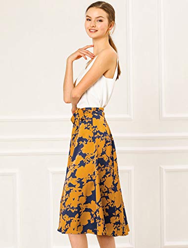 Allegra K Women's Slits Front High Waist A-Line Belted Floral Flowy Midi Skirt4