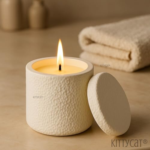 Image of Kitty Cat Long Burn Scented Soy Wax Candle | Hand-Poured in Textured Matte Concreate Jar with Lid | Minimal Aesthetic Home Decor & Gift for Bedroom, Office & Spa | Premium Aroma Candle