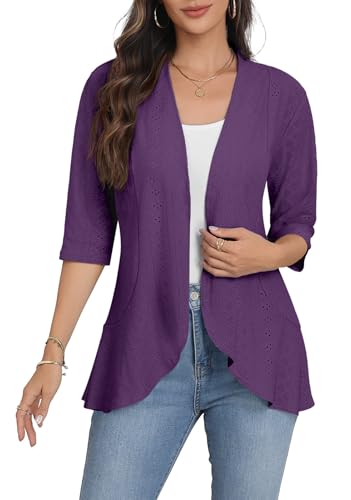 Askyes Lightweight Summer Cardigan for Womens Spring Netted Knit Ruffle Half Sleeve Flowy Kimono Cover Ups Cardigans Purple L
