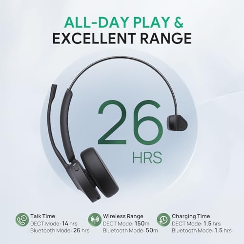 Yealink WH64 Mono UC Wireless Headset, DECT & Bluetooth Work Headset, 606ft Longest Range, Single Ear Headphones with 3x Noise Cancelling Mic, Deskphone, Computer, CellPhone, 26H Talk Time, Quick Mute - 3