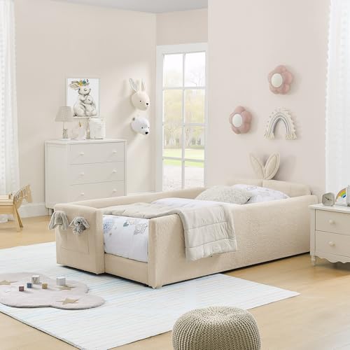 Image of KEIKI Twin Size Upholstered Platform Bed Frame with Guardrail, Slats, Camel | Boucle Platform Bed with Cute Rabbit Ear Shaped Headboard, Pocket, for Boys and Girls, No Box Spring Required, Easy Assembly
