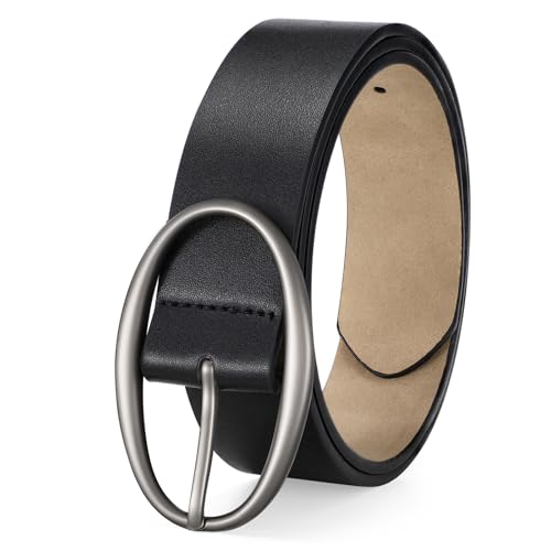WERFORU Women Leather Belt Fashion Black Leather Belt for Jeans Dress with Black Buckle