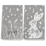Easter Decorations Kitchen Towels,2Pcs 19x16In Happy Easter Dish Towels with Bunny Eggs Spring Easter Hand Drying Tea Towel for Bathroom Kitchen Home Decor Housewarming Gift Party Supplies(Grey)