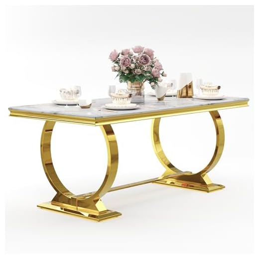 ACEDÉCOR 72 inch Luxury White and Gold Dining Table with Polished Stainless Steel U-Base