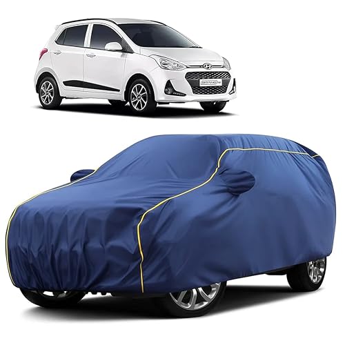 Image of Sulfar 100% Water Resistant Car Body Cover Compatible with Mirror for Hyundai i10 (Triple Stitched, Full Bottom Elastic, Blue Taffeta with Yellow Piping)