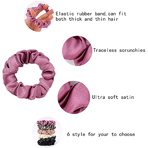 Begood Mini Scrunchies For Women Girls Small Scrunchies For Thin Satin Scrunchy Polka Dot Tiny Hair Ties Hair Scrunchie Elastic Bobbles Hair Bands Ropes Hair Accessories Ponytail Holder Solid Color 6Pcs #TOP1