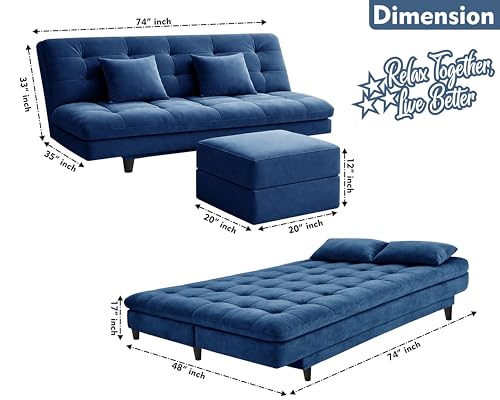 Image of Rosebell Modern Three-Seater Sofa Cum Bed - Foldable Velevt Fabric Sofa, Foam Seating, Stylish Design for Living Room, Guest Room & Office - Blue Color