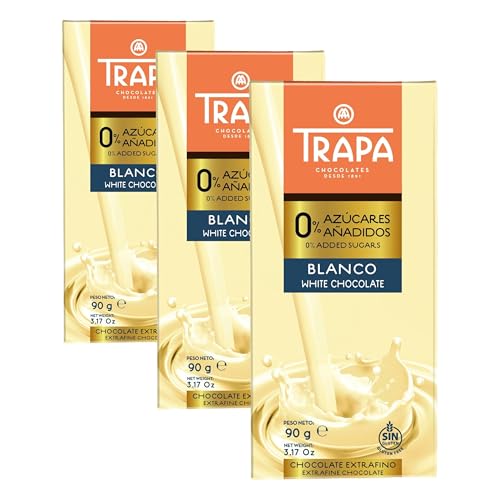 TRAPA 0% AZÚCARES AÑADIDOS|Chocolate Blanco| Tableta 90 g | Sin Gluten (Paquete de 3)
