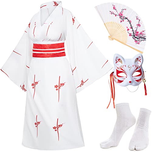 Japanese Anime Women's Kimono Robe Geisha Yukata Sweet Dress Blossom Satin Bathrobe Sleepwear Fans Tabi Socks Set White Sakura2