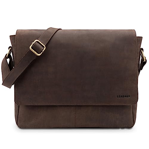 LEABAGS Leder Umhängetasche Herren & Damen I Echtleder Laptoptasche bis 14 Zoll I Messenger Bag mit Schultergurt I Schultertasche I Arbeitstasche I Tragetasche I Handtasche I Nature Dunkelbraun