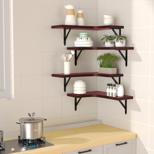 Image of ROMGUAR CRAFT Corner Floating Shelves Wall Mounted Set of 4, Rustic Wood Storage Display Shelves for Home Decor, Bathroom, Kitchen, Bedroom, Living Room, Office (Red)