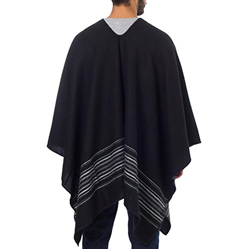 NOVICA Artisan Handmade Men's Alpaca Blend Poncho Artisan Crafted Vneck for Wool Acrylic Clothing Black Striped Peru ' Black Nazca'3