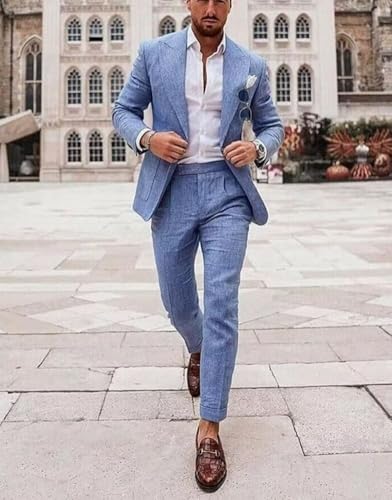 Mens Linen Suit 2 Piece Slim Fit Summer Beach Wedding Suits Casual Lightweight Linen Suit Blazer Pants Set4